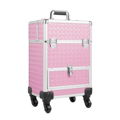 AGULIUM Professional Rolling Makeup Train Case with Drawers & Locks, Pink Large Cosmetic Trolley on Wheels, Cosmetics Storage Organizer Make up Case for Travel Makeup, Nail Art, Hair Styling