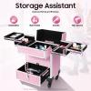 AGULIUM Professional Rolling Makeup Train Case with Drawers & Locks, Pink Large Cosmetic Trolley on Wheels, Cosmetics Storage Organizer Make up Case for Travel Makeup, Nail Art, Hair Styling view 2