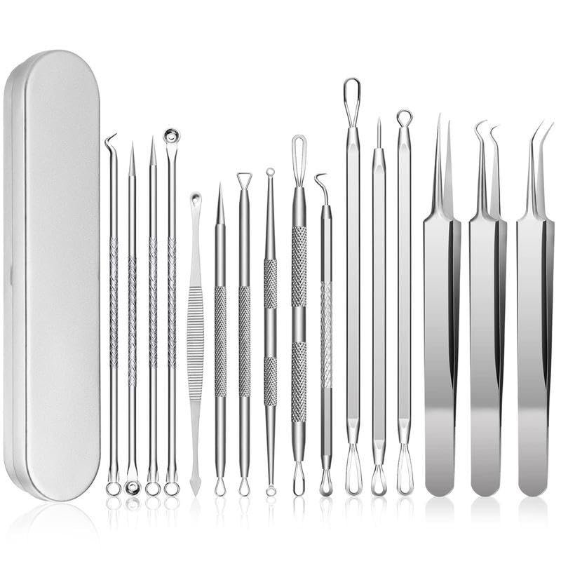 16 PCS Pimple Popper Tool Kit, Acne Blackhead Tools for Blemish, Blackhead Remover Tools,410 Premium Professional Stainless Acne Pimple Extractor Tool with Metal Box Set
