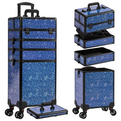 AROUS Rolling Makeup Train Case 5 in 1 Cosmetology Case on Wheels Large Cosmetic Organizer Travel Cart for Hairstylist Artist Nail Beauty Salon Barber,Blue