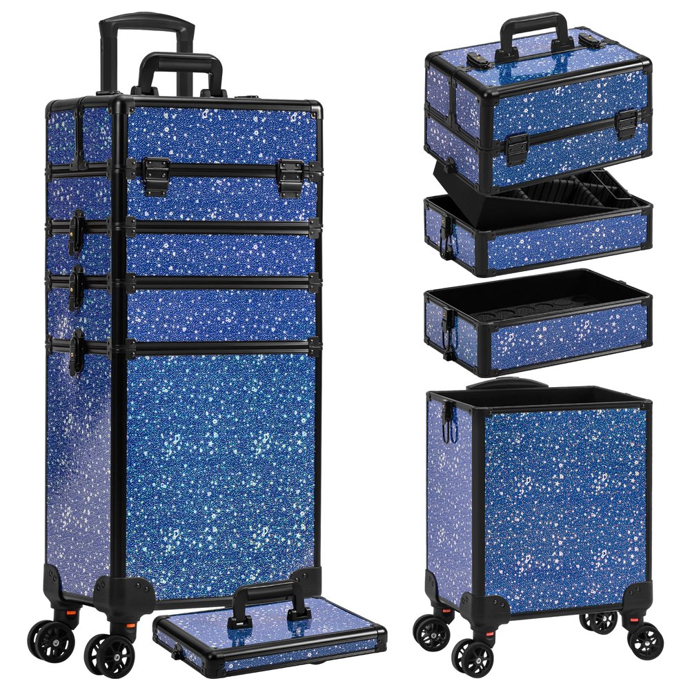 AROUS Rolling Makeup Train Case 5 in 1 Cosmetology Case on Wheels Large Cosmetic Organizer Travel Cart for Hairstylist Artist Nail Beauty Salon Barber,Blue