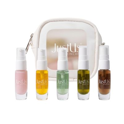 JustUs Skincare Mini Kit  5 Piece Anti-Aging Travel Set for Hydration, Firmness, Brightening + Glow  Includes Free Travel Case | $115 Value