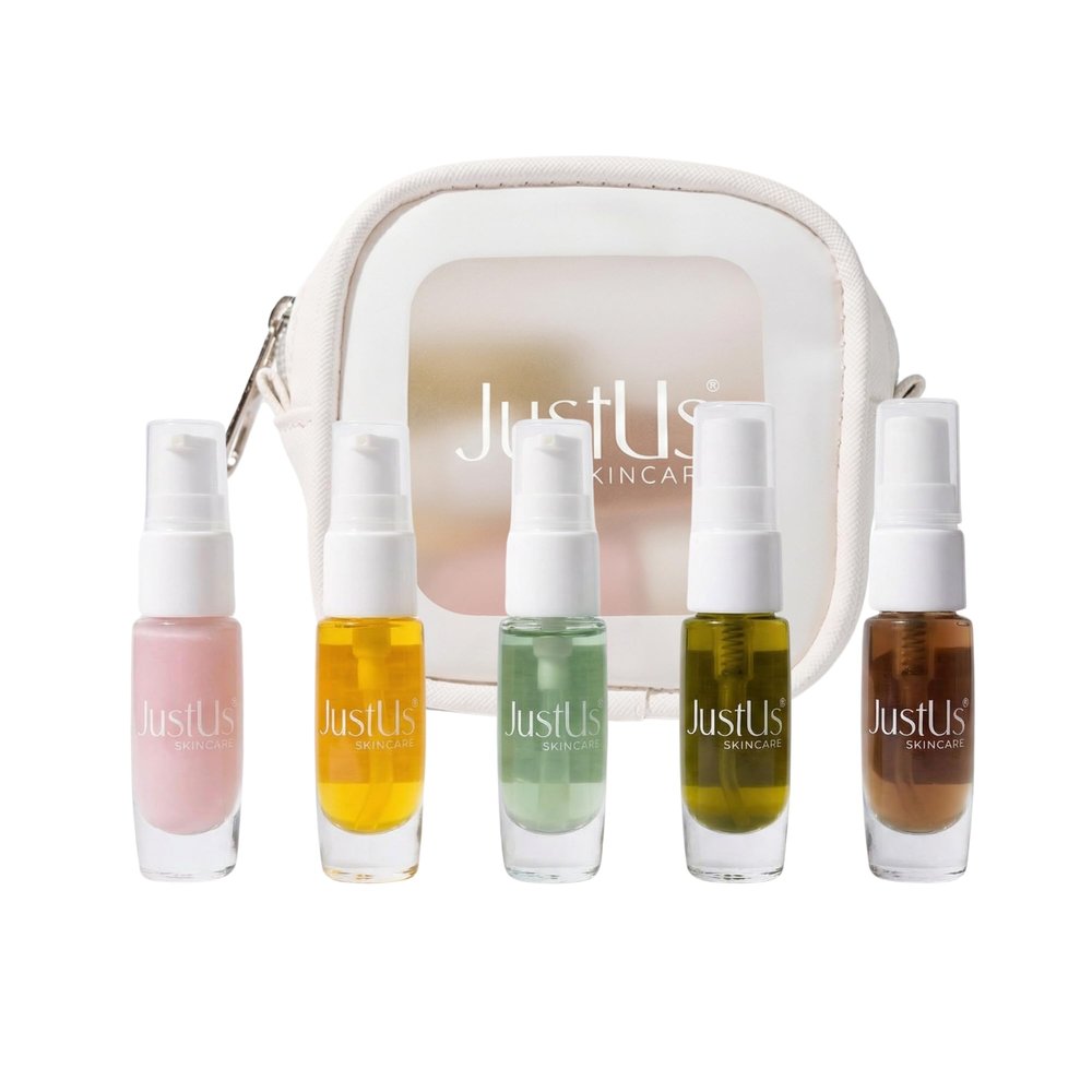 JustUs Skincare Mini Kit  5 Piece Anti-Aging Travel Set for Hydration, Firmness, Brightening + Glow  Includes Free Travel Case | $115 Value