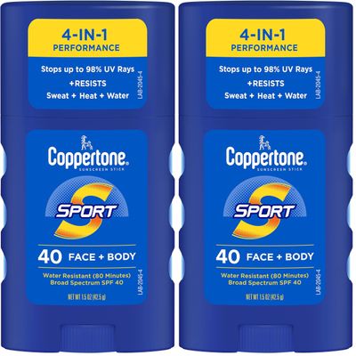 Coppertone Sport Sunscreen Stick SPF 40, Stick Sunscreen for Face and Body, Water Resistant, Travel Size, 1.5 Oz (Pack of 2)