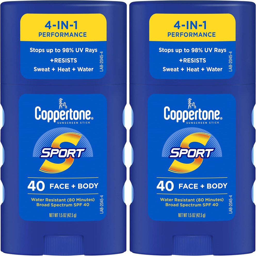 Coppertone Sport Sunscreen Stick SPF 40, Stick Sunscreen for Face and Body, Water Resistant, Travel Size, 1.5 Oz (Pack of 2)