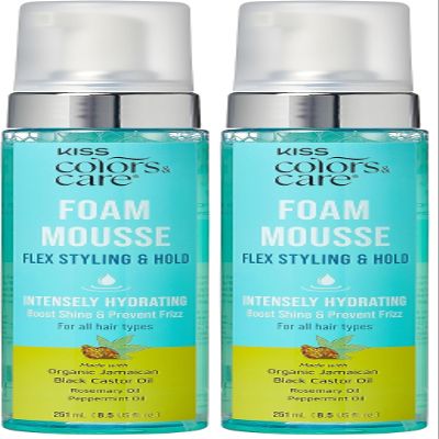 KISS COLORS & CARE Foaming Mousse - Define Curls & Hold Styles, Scalp Soothing, Moisture Boosting - Organic Jamaican Black Castor Oil, Peppermint Oil & Biotin - No Sulfates or Parabens (Pack of 2)