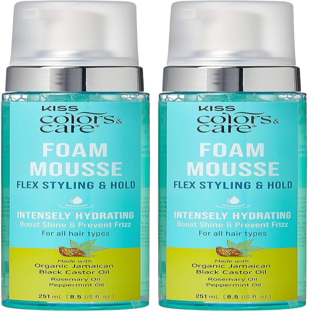 KISS COLORS & CARE Foaming Mousse - Define Curls & Hold Styles, Scalp Soothing, Moisture Boosting - Organic Jamaican Black Castor Oil, Peppermint Oil & Biotin - No Sulfates or Parabens (Pack of 2)