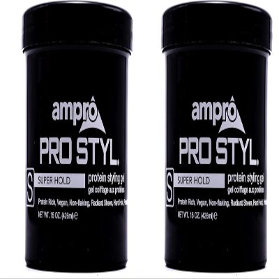 AmPro Pro Styl Protein Styling Gel - Curly Hair Gel for Men and Women - Soy Protein Strengthens Strands - Strong Hold, Frizz Control - 15 oz (Pack of 2)