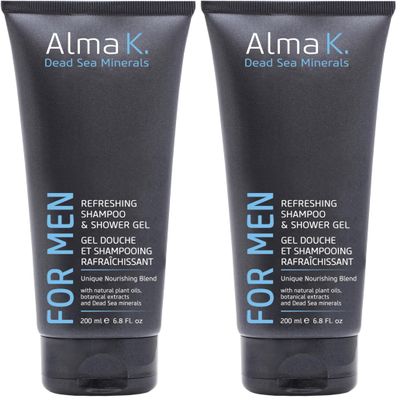ALMA K Refreshing Shampoo and Shower Gel - 2 in 1 Mens Body Wash and Clarifying Shampoo - Antioxidant-Rich with Argan Oil, Dead Sea Minerals - 6.8 oz (Pack of 2)