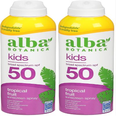 Alba Botanica Kids Sunscreen Spray for Face and Body, Tropical Fruit, Broad Spectrum SPF 50, Water Resistant, 5 fl. oz. Bottle (Pack of 2)
