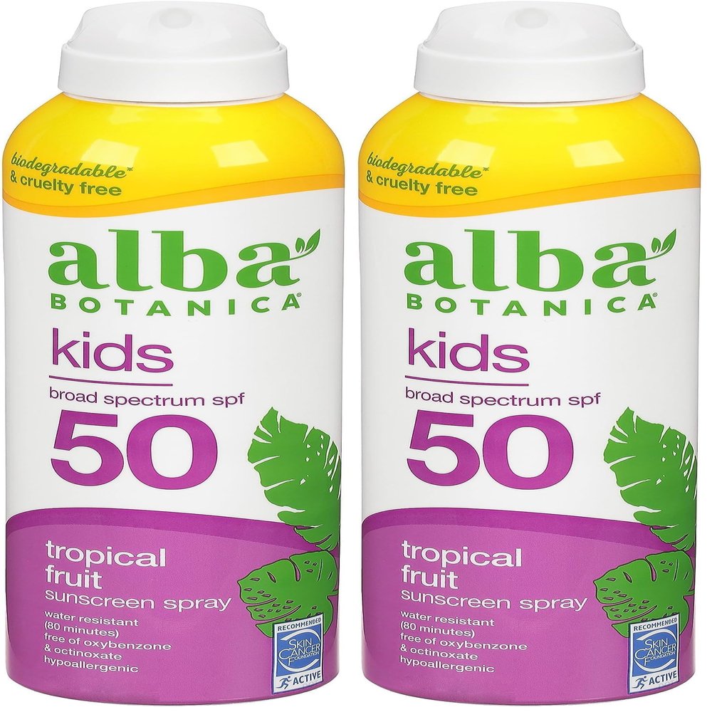 Alba Botanica Kids Sunscreen Spray for Face and Body, Tropical Fruit, Broad Spectrum SPF 50, Water Resistant, 5 fl. oz. Bottle (Pack of 2)