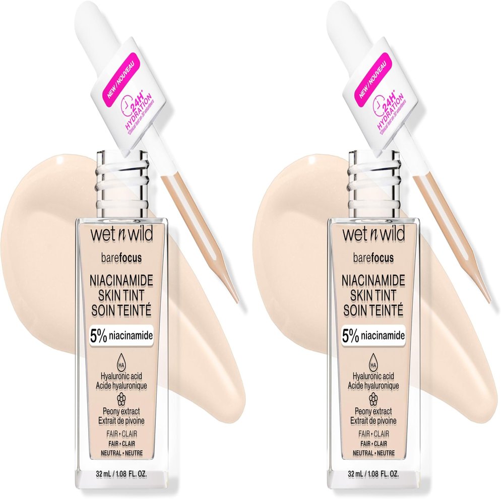 wet n wild Bare Focus Skin Tint, 5% Niacinamide Enriched, Buildable Sheer Lightweight Coverage, Natural Radiant Finish, Hyaluronic & Vitamin Hydration Boost, Cruelty-Free & Vegan - Fair (Pack of 2)