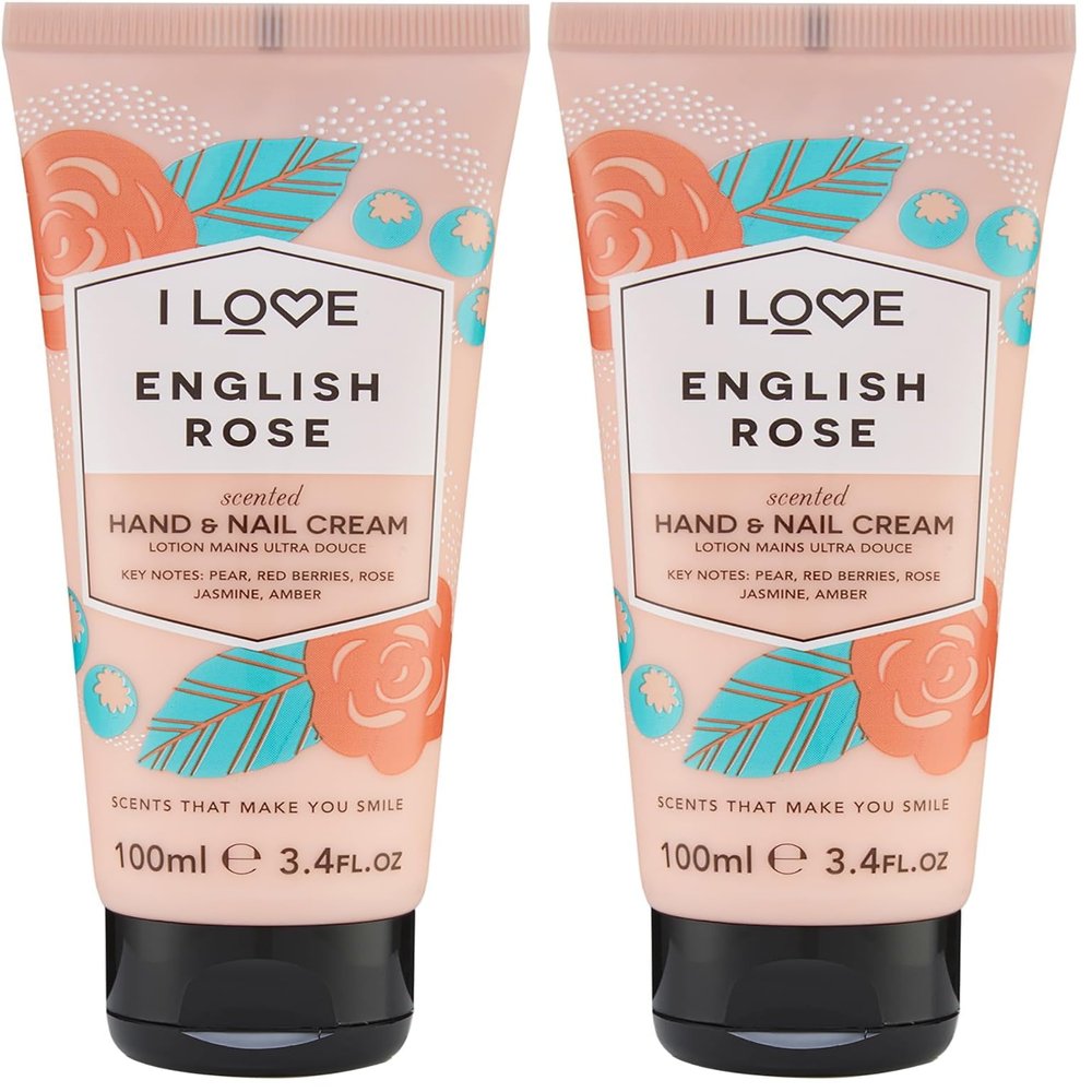 I LOVE English Rose Scented Hand and Nail Cream - Hand Cream for Dry Hands - Vitamin E, Coconut Oil, and Shea Butter - Silicone Free - 3.4 oz (Pack of 2)