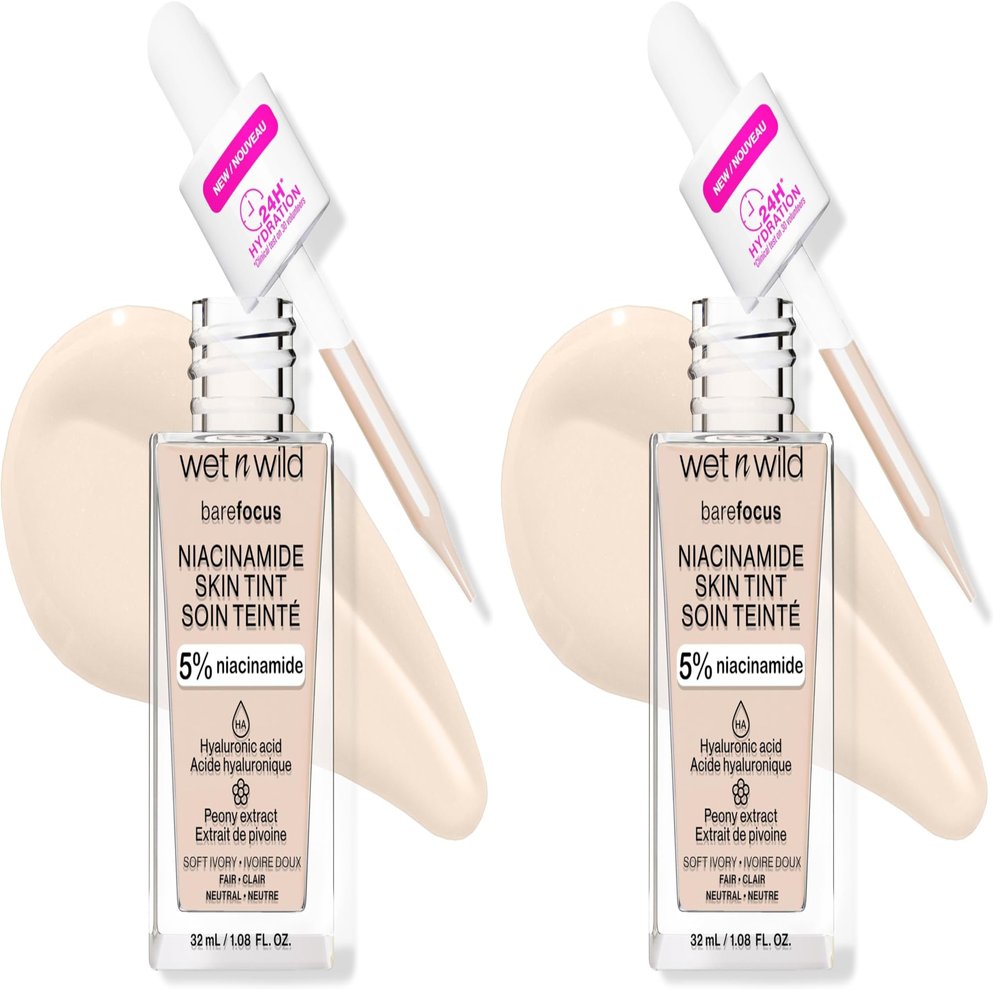 wet n wild Bare Focus Skin Tint, 5% Niacinamide Enriched, Buildable Sheer Lightweight Coverage, Natural Radiant Finish, Hyaluronic & Vitamin Hydration Boost, Cruelty-Free & Vegan - Soft Ivory