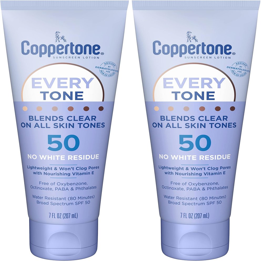 Coppertone Every Tone Sunscreen Lotion SPF 50, Lightweight, Rubs on Clear Sunscreen for All Skin Tones, Formulated with Nourishing Vitamin E, 7 Fl Oz Tube (Pack of 2)