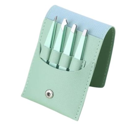 4Piece Tweezers for Women, Tweezer Set for Facial Hair Eyebrow Tweezers Men Eyebrow Chin Twizzers Kit Hair Grooming with Leather(Green 4 in 1)