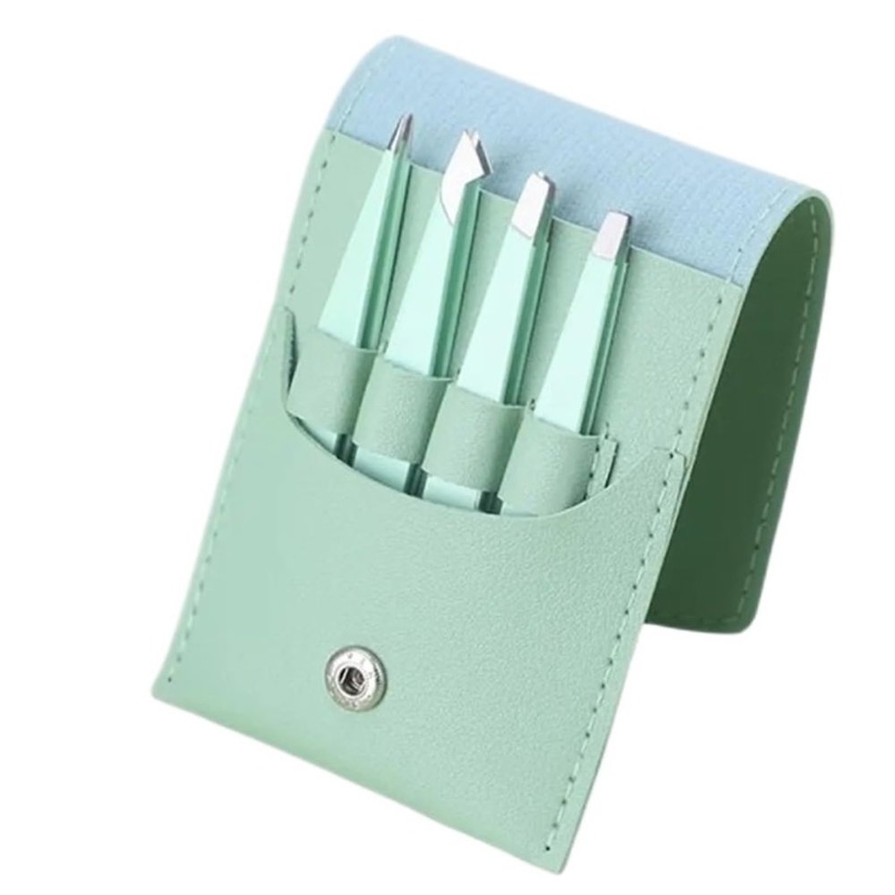 4Piece Tweezers for Women, Tweezer Set for Facial Hair Eyebrow Tweezers Men Eyebrow Chin Twizzers Kit Hair Grooming with Leather(Green 4 in 1)