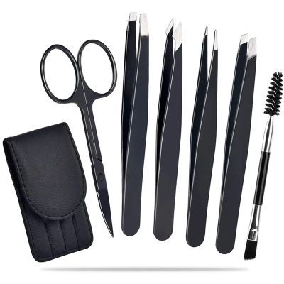6Pack Tweezers Set Professional Stainless Steel Curved Scissors for Women and Men Precision Tweezers Eyebrows for Ngrown Hair(Black 6 in 1)
