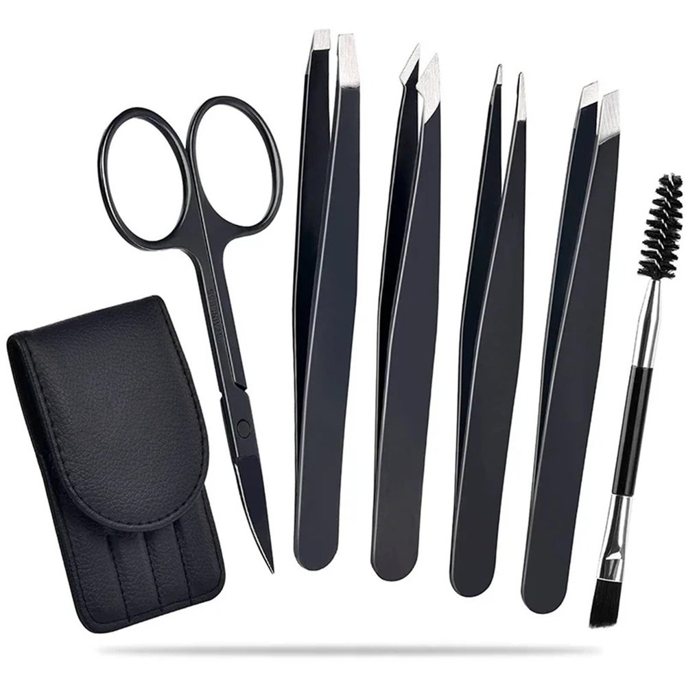 6Pack Tweezers Set Professional Stainless Steel Curved Scissors for Women and Men Precision Tweezers Eyebrows for Ngrown Hair(Black 6 in 1)