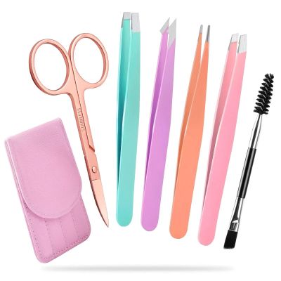 6Pack Tweezers Set Professional Stainless Steel Curved Scissors for Women and Men Precision Tweezers Eyebrows for Ngrown Hair(Pink 6 in 1)