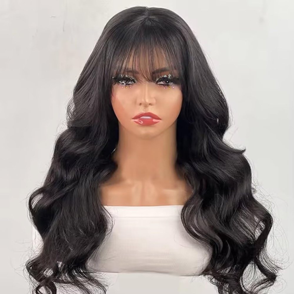 oulaer Natural Black Body Wave Human Hair Wigs With Bangs Pre Plucked 13x4 HD Transparent Lace Front Wig For Women Gluless Wig Brazilian Virgin Hair Bleached Knots 150% Density 22Inch