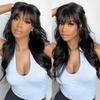oulaer Natural Black Body Wave Human Hair Wigs With Bangs Pre Plucked 13x4 HD Transparent Lace Front Wig For Women Gluless Wig Brazilian Virgin Hair Bleached Knots 150% Density 22Inch view 2