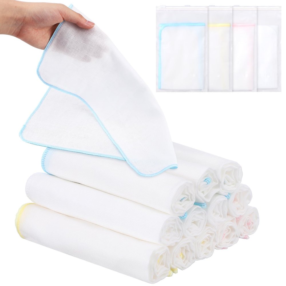 Velmitten 12 Pcs Individually Wrapped Facial Cleansing Muslin Cloths Travel Size Face Cotton Cloths Reusable Makeup Remover Wipes Exfoliating Muslin Washcloths for Skin Care (Multicolor)