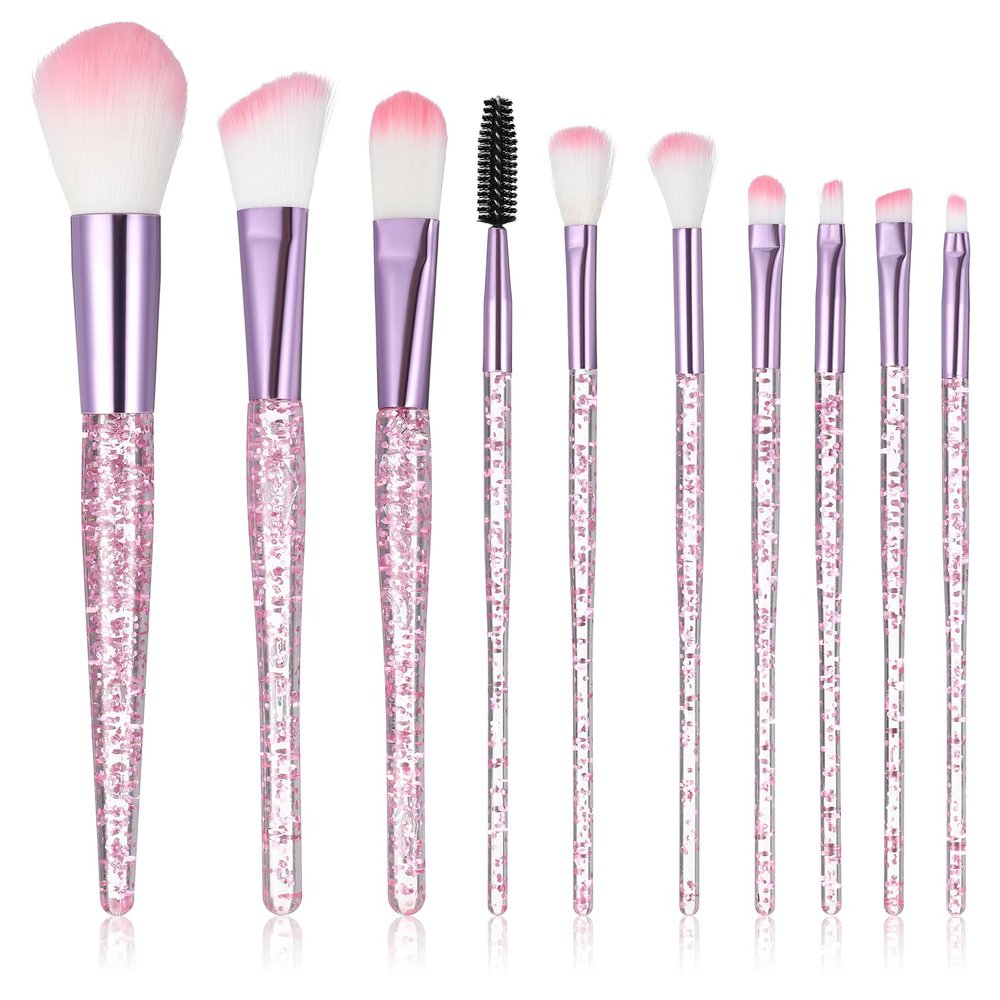 10Pcs Pink Makeup Brushes Set Professional Eye Shadow Brushes Set Kit for Blush Lip Foundation Eyebrow Loose Powder and Fan Brushes with Sequins Handle Make up Blending Brushfor Women Gift
