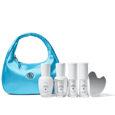 Agent Nateur - The Icons Set | acid (wash), holi (lift), holi (cleanse), holi (glow), + stainless steel facial gua sha | Gift Set in Silk Bag (Ice Blue)