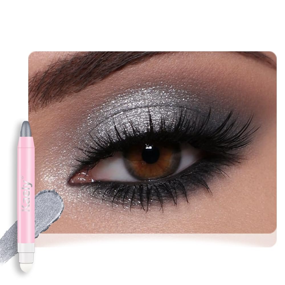 2in1 Shimmer Cream Eye Shadow Stick-Dazzling Grey, Eyeliner Pencil Eyeshadow Palette Makeup, Waterproof Long Lasting Brightener, Crease Proof & Smudge Resistant, Cream Eyeshadow with Built-in Smudger