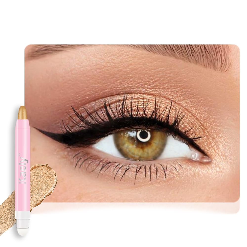 2in1 Shimmer Cream Eye Shadow Stick - Beige Gold, Eyeliner Pencil Eyeshadow Palette Makeup, Waterproof Long Lasting Brightener, Crease Proof & Smudge Resistant, Cream Eyeshadow with Built-in Smudger