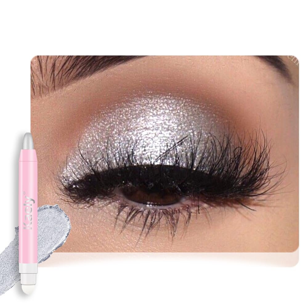 2in1 Shimmer Cream Eye Shadow Stick - Silver, Eyeliner Pencil Eyeshadow Palette Makeup, Waterproof Long Lasting Brightener, Crease Proof & Smudge Resistant, Cream Eyeshadow with Built-in Smudger