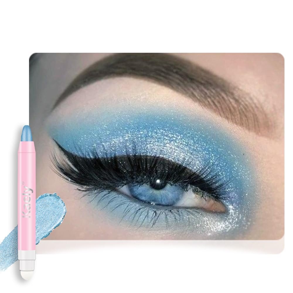 2in1 Shimmer Cream Eye Shadow Stick - Sky Blue, Eyeliner Pencil Eyeshadow Palette Makeup, Waterproof Long Lasting Brightener, Crease Proof & Smudge Resistant, Cream Eyeshadow with Built-in Smudger