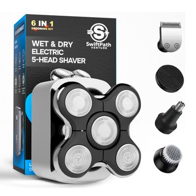 5D Electric Head Shaver for Bald Men - Waterproof Wet/Dry Razor - USB-C Fast Charging - 6 in 1 Grooming Kit with Beard, Nose & Face Trimmer - Cordless Rechargeable Bald Head Clippers