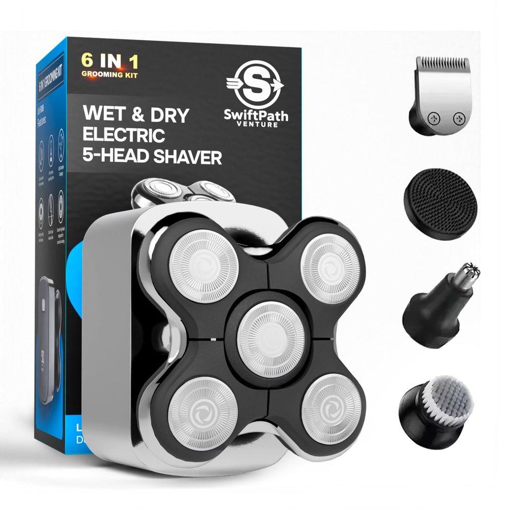 5D Electric Head Shaver for Bald Men - Waterproof Wet/Dry Razor - USB-C Fast Charging - 6 in 1 Grooming Kit with Beard, Nose & Face Trimmer - Cordless Rechargeable Bald Head Clippers