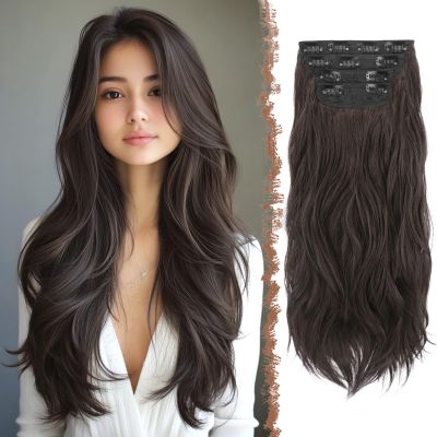 FESHFEN Clip in Hair Extensions for Women - 4 Pcs Thick Double Weft Long Wavy Soft Synthetic Blends Well Hair Extension, 24 inch Black Brown