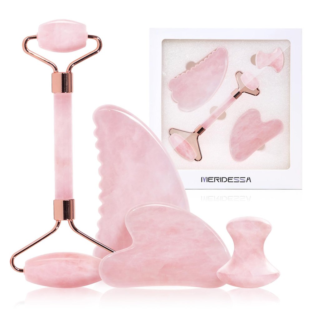 Jade Roller & Gua Sha Set, 4-Piece Facial Tool Kit for Glowing Skin, Anti-Aging, Puffiness & Wrinkles, Natural Jade Stone Face Massager for Lymphatic Drainage, Includes Eye Massager, Gift Ready