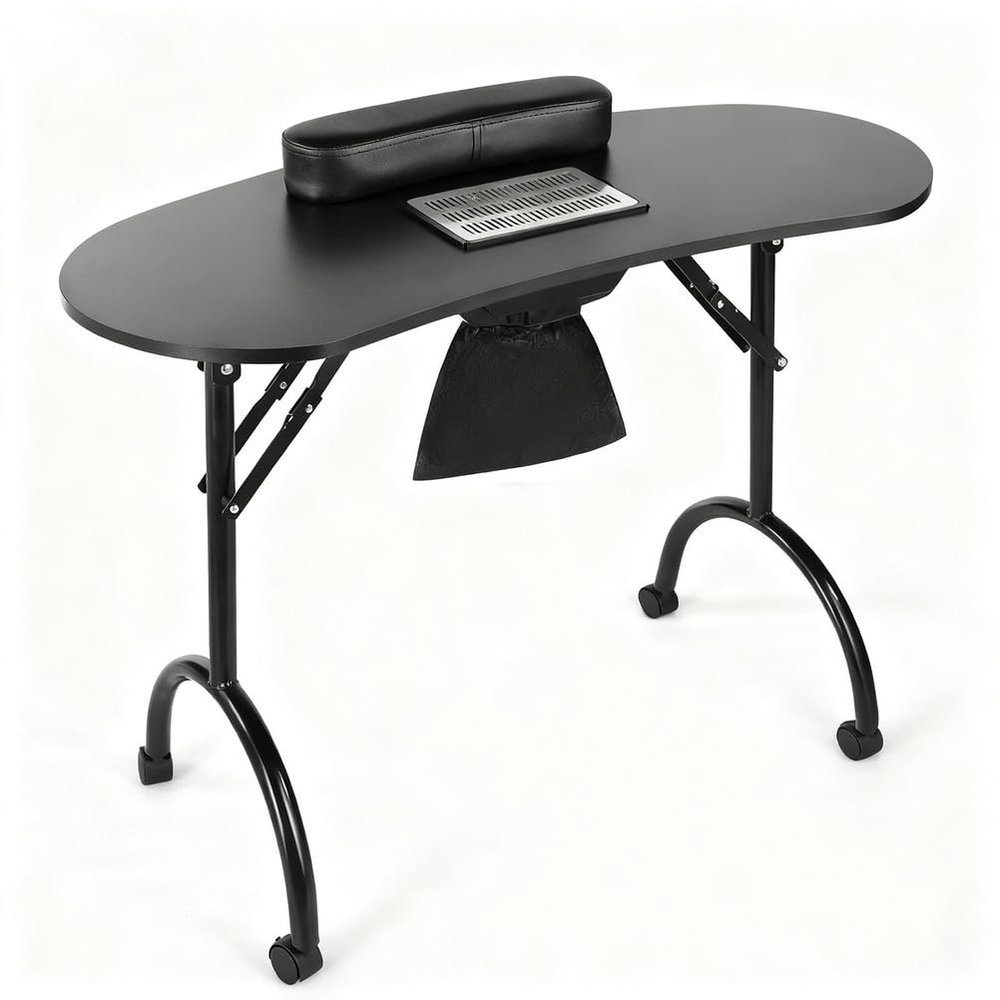 AGFKXO Portable Nail Table, Foldable Mesa de Manicura Profesional Nail Desk with 4 Lockable Wheels/Wrist Pad, Manicure Table for Travel Nail Art, SPA Nail Art, Etc,Black1~with Vacuum Cleaner