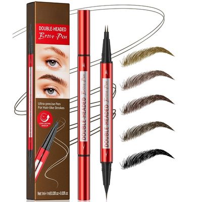 2-in1 Dual Tip Microblading Eyebrow Pencil for Women - Waterproof Smudge Proof Faux Brow Pen with Dual Brush for Natural Hair Like Strokes, Long Lasting Define & Fill (Brown)