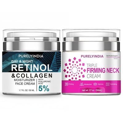 Purelyindia Day & Night Retinol & Collagen Face Moisturizer + Triple Firming Neck Cream | Retinol & Neck Cream Combo Pack of 2 | Smooth Skin Cream & Neck Treatment Kit