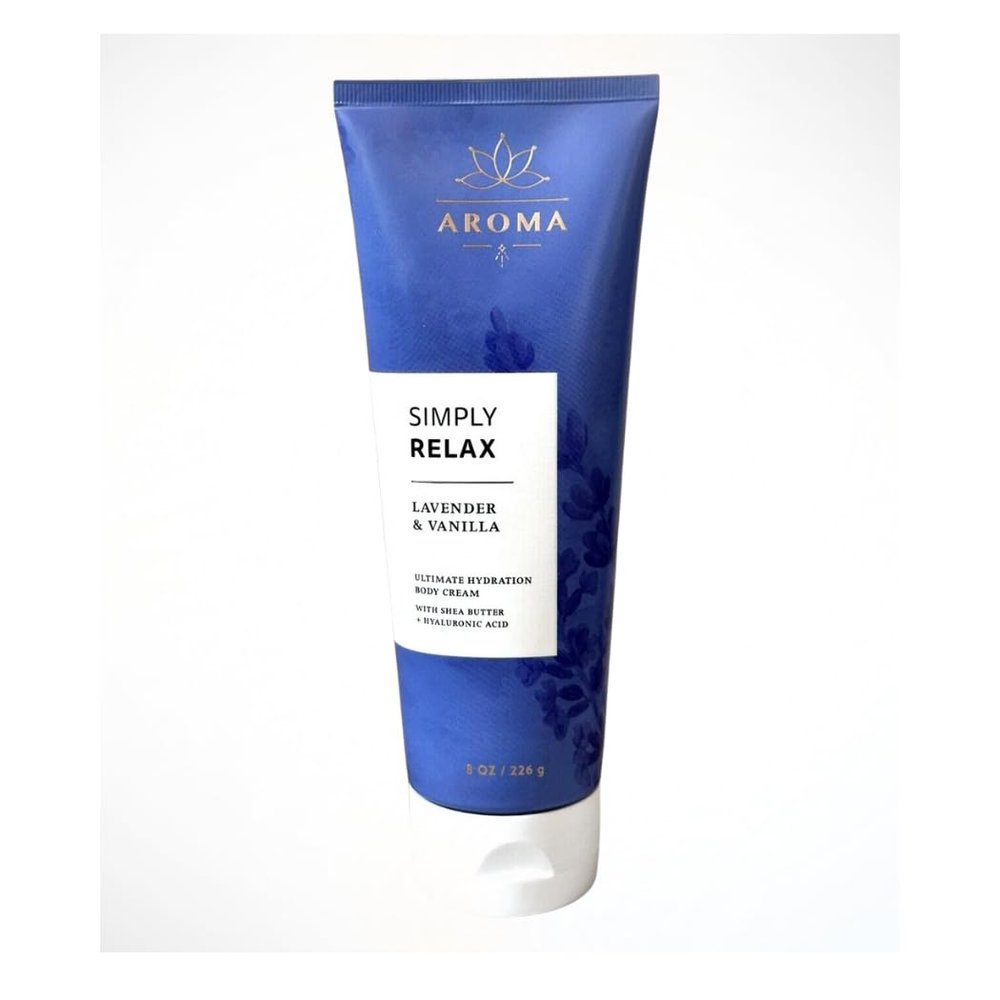 Bath & Body Aroma Simply Relax Lavender & Vanilla Ultimate Hydration Body Cream with Natural Essential Oils, 8 oz / 226 g (Packaging Design Styles May Vary)