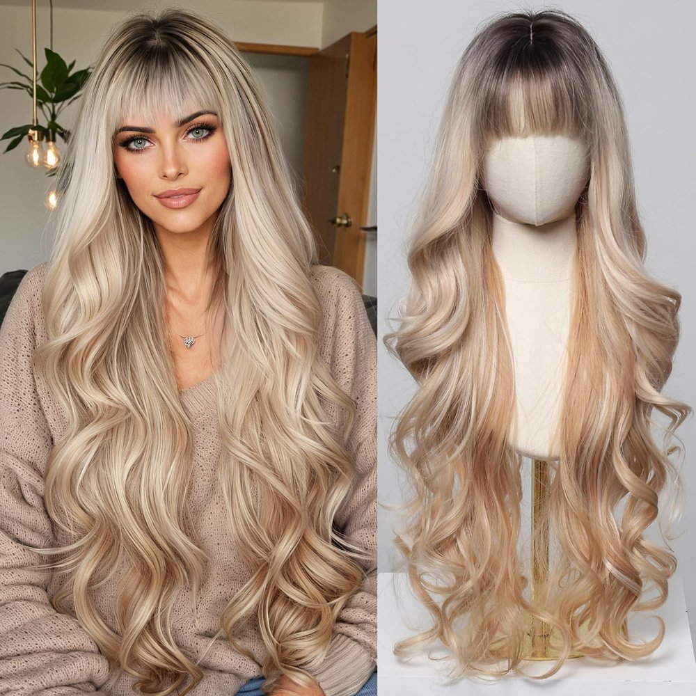 Nuxovin Golden Blonde Ombre Wigs Human Hair Long with Bangs for Women & Girls Lightweight Party-Ready Glueless (Gold highlights, 30inch)