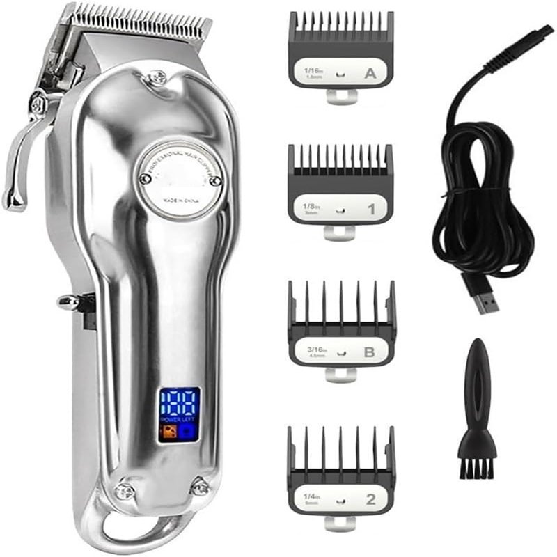 YHNNH Professional Hair Clippers, Electric Clippers, All-Metal Rechargeable Electric Men's Hair Clippers(Silver)