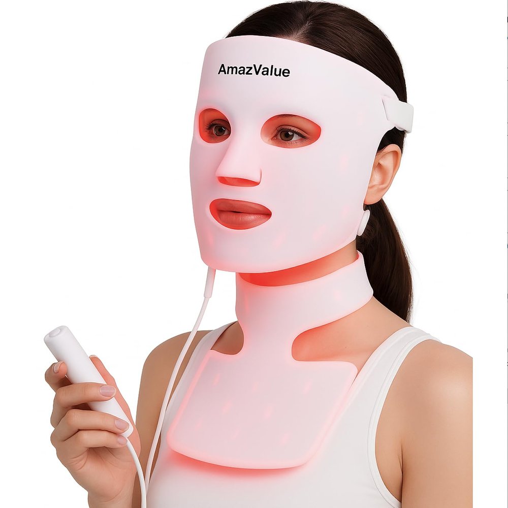 AmazValue LED Light Therapy Mask for Face and Neck  Red 630nm, Blue 415nm & Near-Infrared 830nm Light  Anti-Aging, Wrinkle Reduction, Skin Firming, and Radiance-Boosting Home Skincare Device