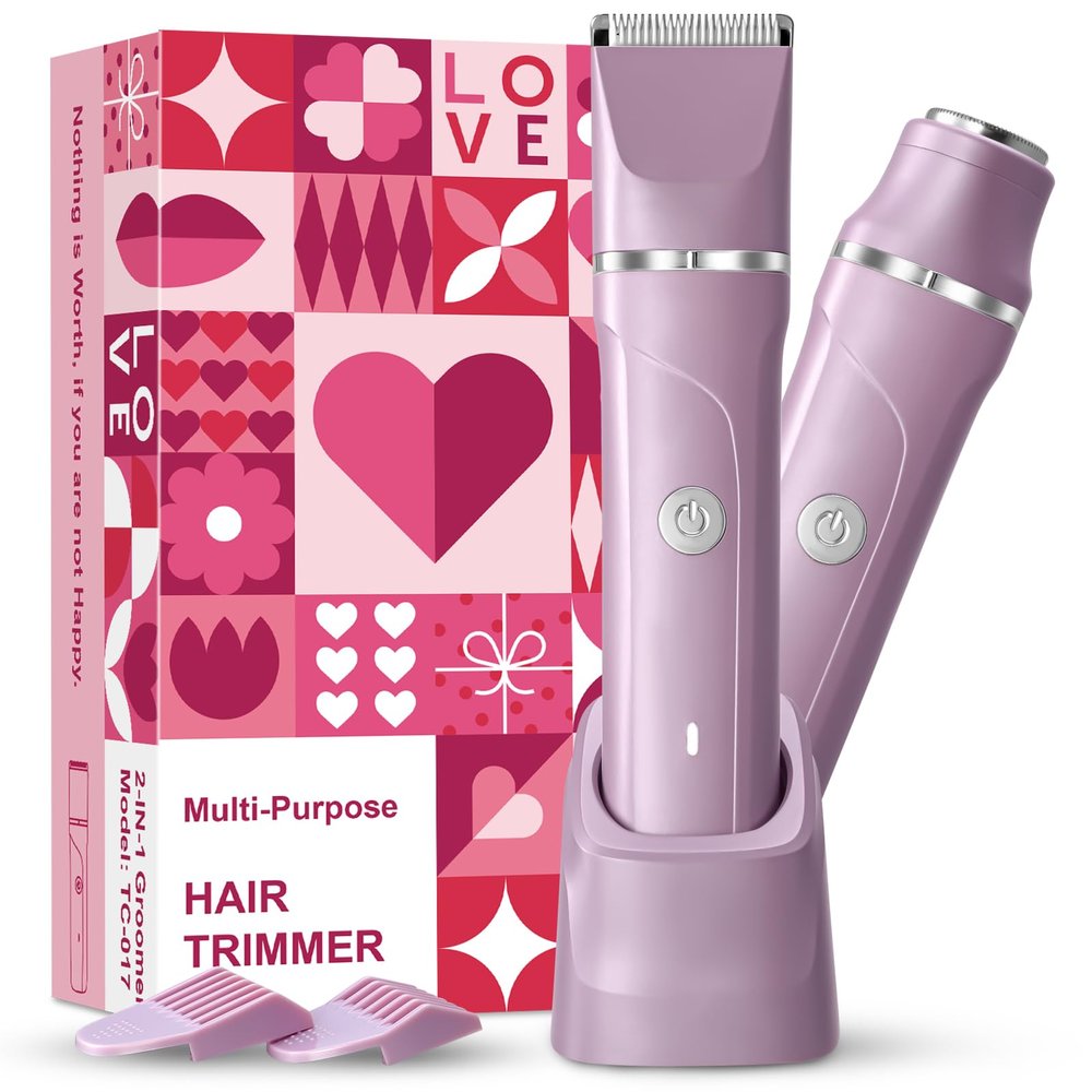 VEGITERIA Electric Razors for Women 2 in 1 Bikini Trimmer for Women Cordless Dry/Wet Use Electric Shaver for Pubic Hair, Armpit, Facail Hair Removal, Waterproof Pearl Purple