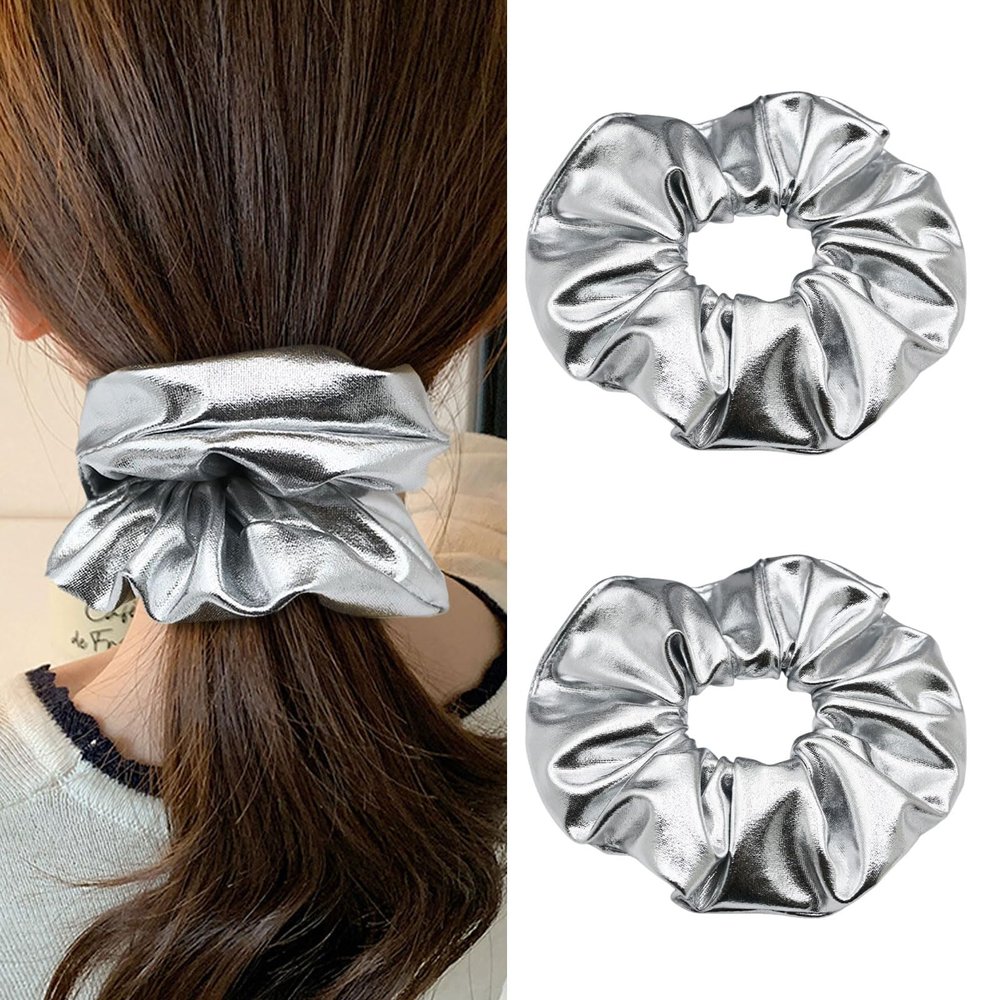 2Pcs Sliver Silky Hair Scrunchies Spring Glossy Scrunchies Large Fashion Elastic Hair Tie for Women Girl Hair Accessories Birthday Christmas Party Festival Gift Supplies (sliver)