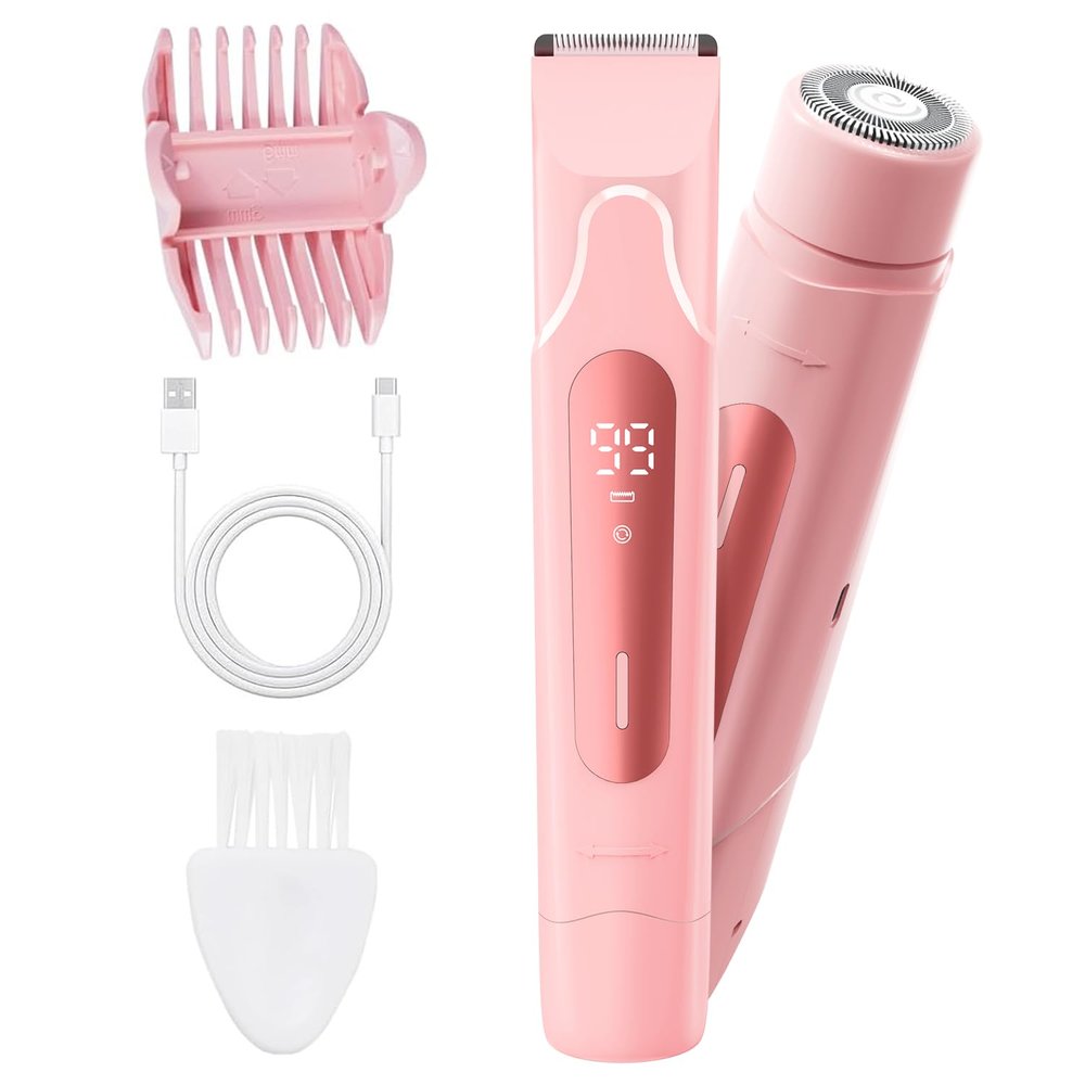 Fiemack 2026 Upgrade Bikini Trimmer for Women, 2 in 1 Electric Shaver with LED Display, IPX7 Waterproof Pubic Hair Trimmer, Rechageable Womens Electric Razor for Armpit Leg Body Facial (Pink)