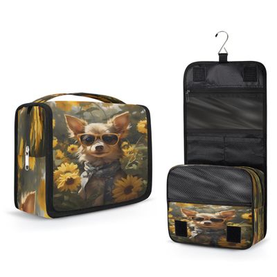 YPPAHHHH Hanging Toiletry Bag for Women Men Travel Funny Dog Sunflowers Makeup Organizer with Compartments, Waterproof Portable Cosmetic Bag with Hook and Handle