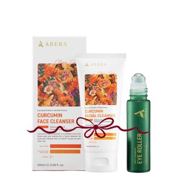 ABERA Turmeric Face Cleanser & Eye Roller Set  Curcumin Facial Wash for Acne & Brightening + Cooling Eye Roller Serum for Dark Circles & Puffiness Relief