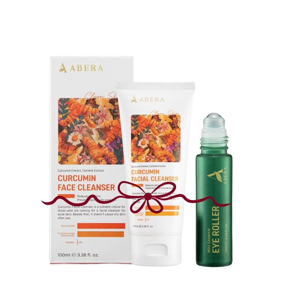 ABERA Turmeric Face Cleanser & Eye Roller Set Curcumin Facial Wash for Acne & Brightening + Cooling Eye Roller Serum for Dark Circles & Puffiness Relief